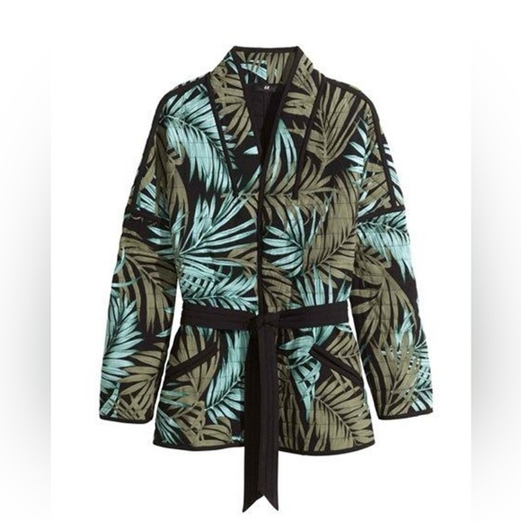 H&M - Tropical Black & Green Quilted Tie Waist Open Long Sleeve Cardigan Size 6 - Picture 1 of 10